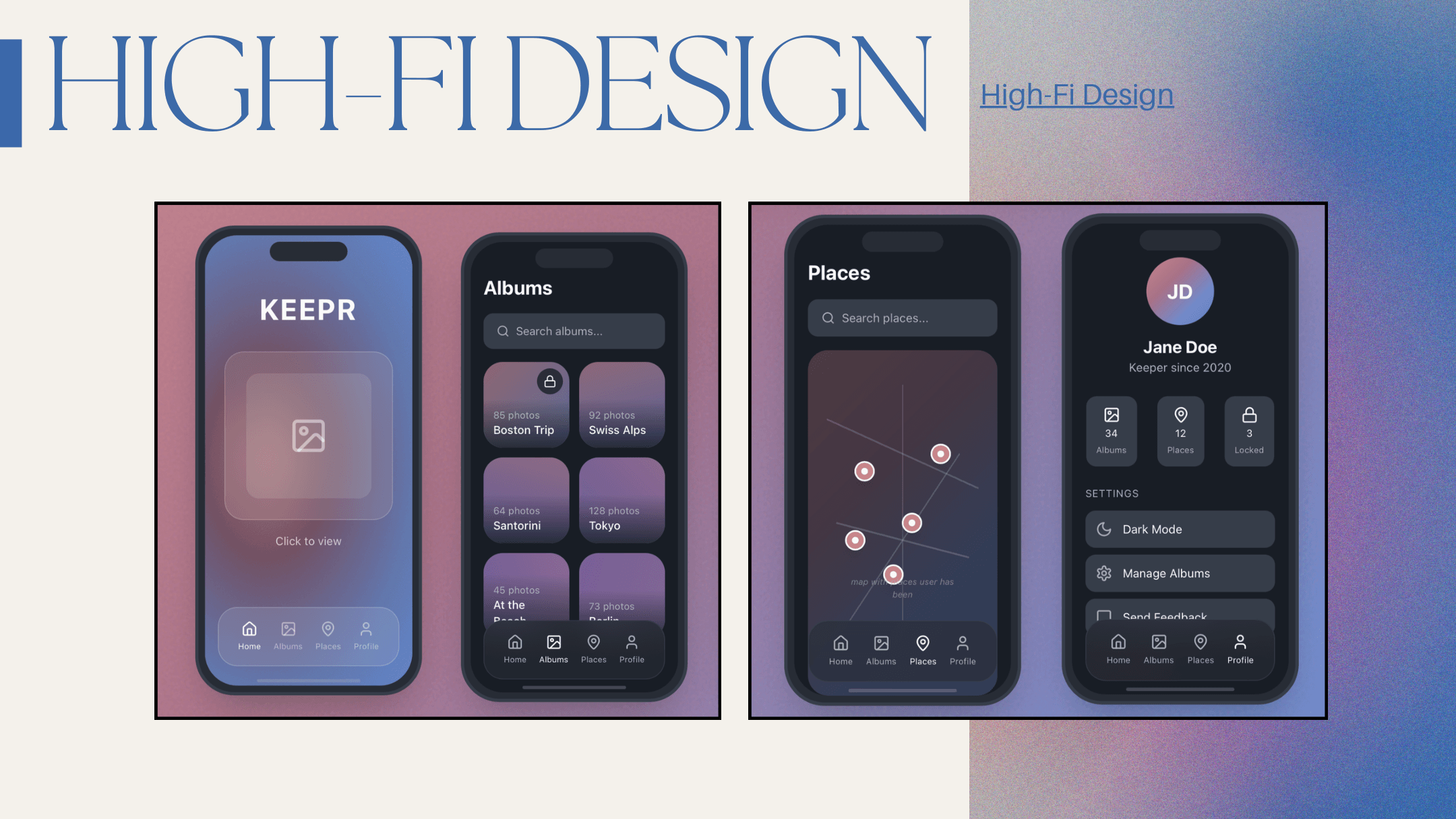 Four high-fidelity KEEPR mobile screens showing home, albums, map, and profile