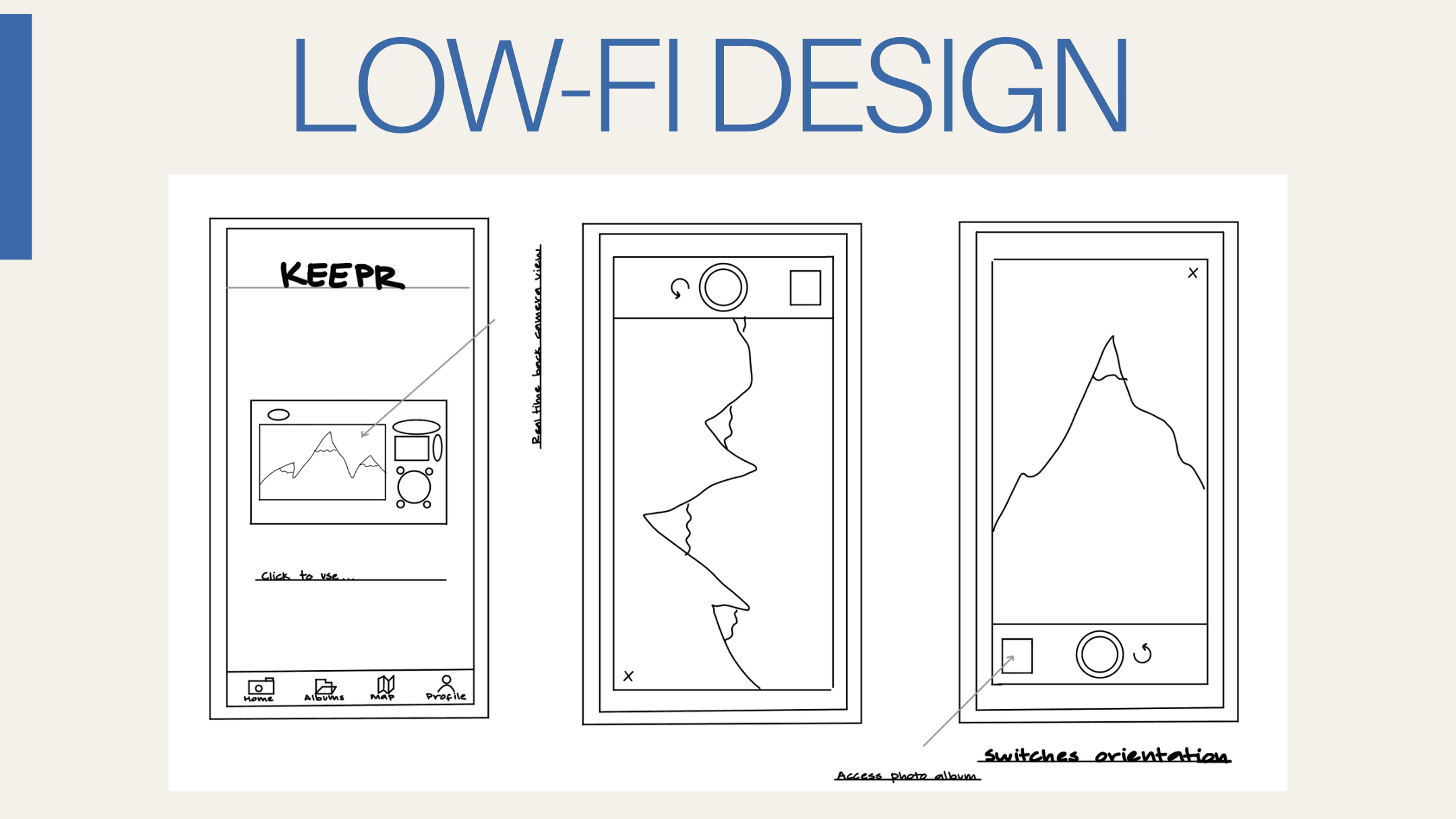 KEEPR initial mobile wireframes showing the home, camera, and photo screens