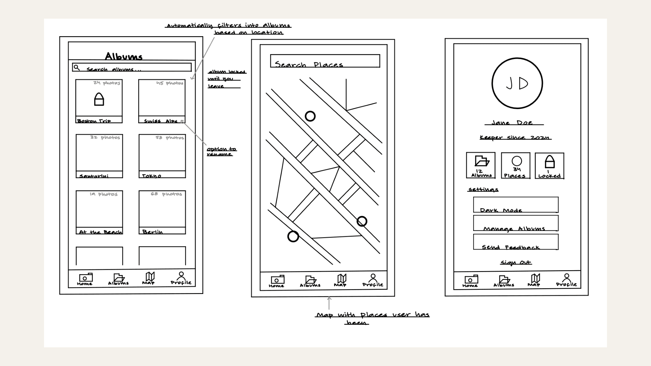 KEEPR wireframes showing albums, map exploration, and profile screens