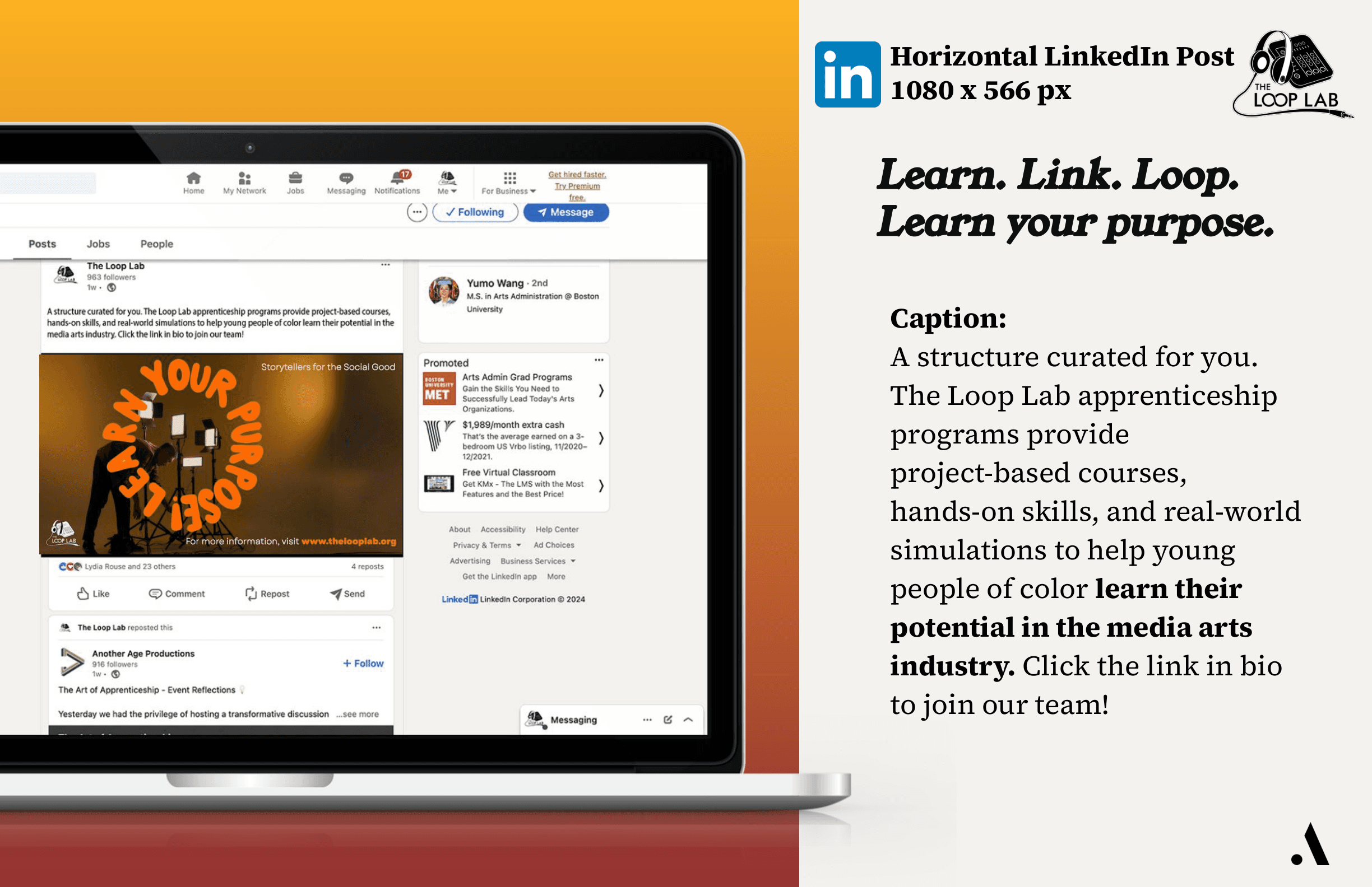 The Loop Lab LinkedIn campaign: LEARN YOUR PURPOSE.
