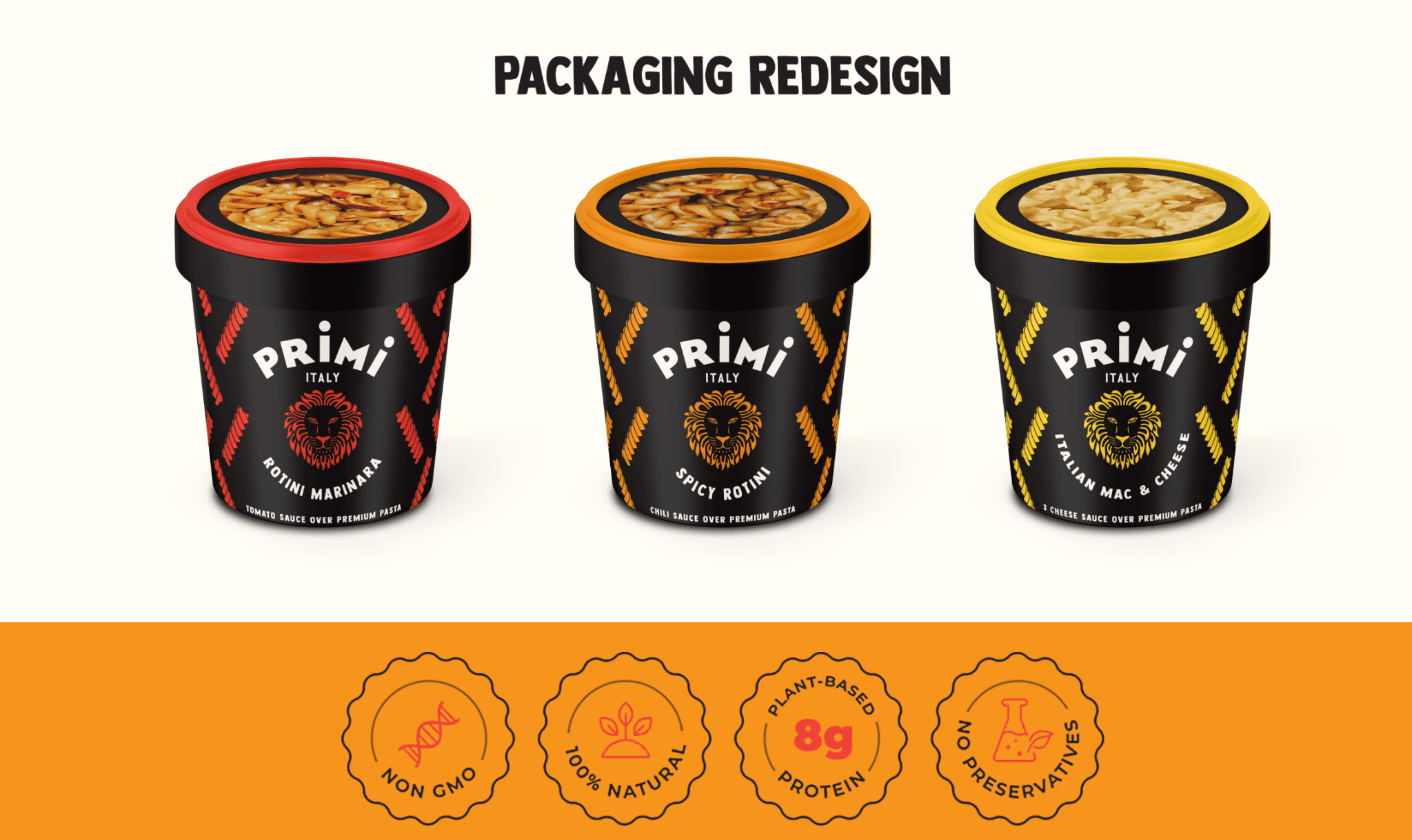 Primi packaging redesign showing red, orange, and yellow Italian pasta cups